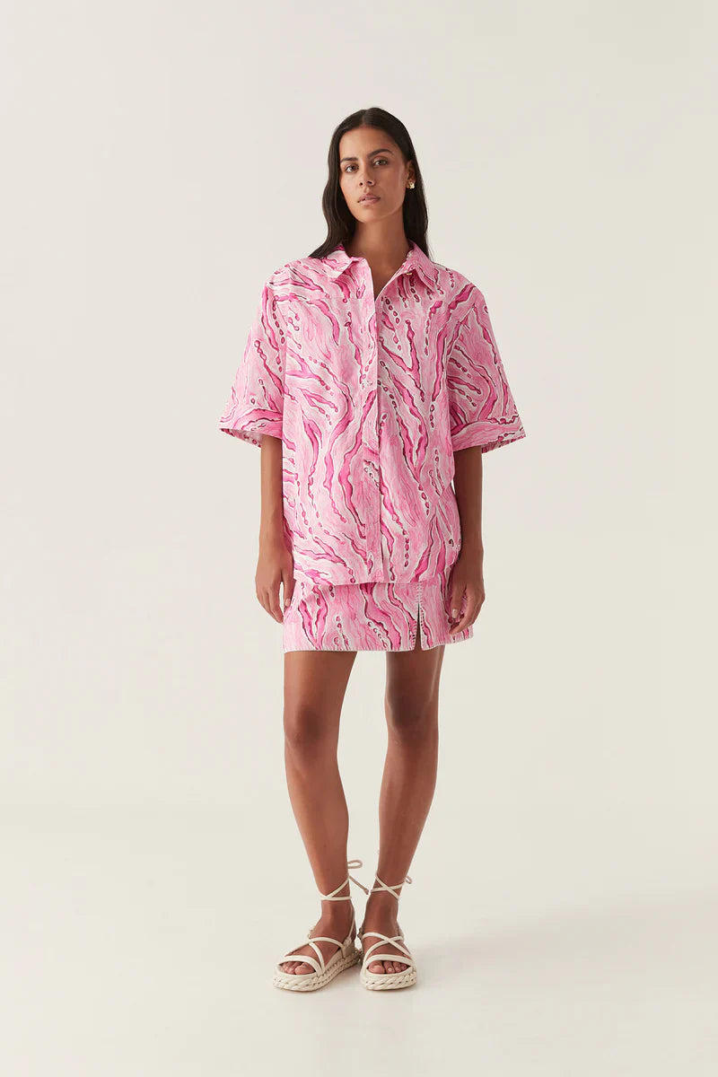 AJ Blaze Stitch Oversized Cotton Shirt in Dappled Flame Pink