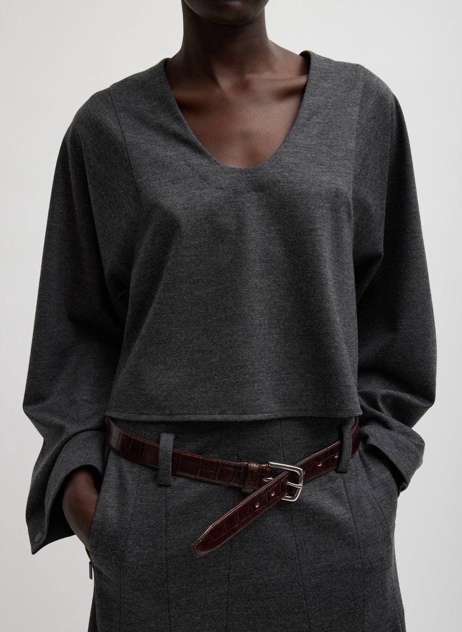 TB Melange Jersey U-Neck Top Sweater | Tucked Panel Midi Skirt | Wool-Blend Set