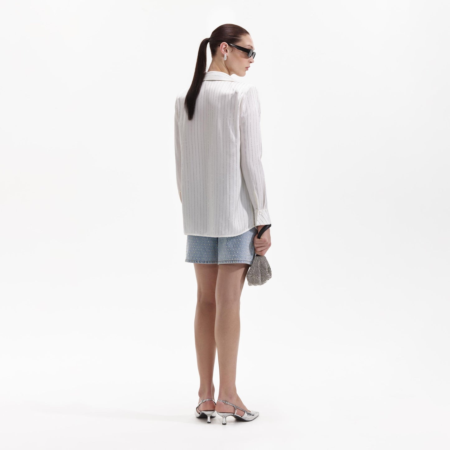 SP White Rhinestone Stripe Shirt | Collar Long Sleeve Button Down