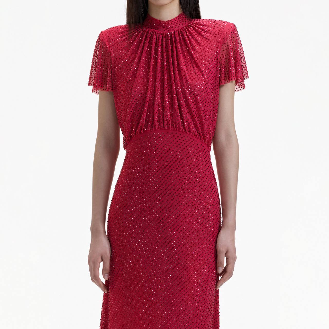 SP Red Rhinestone Mesh Midi Dress