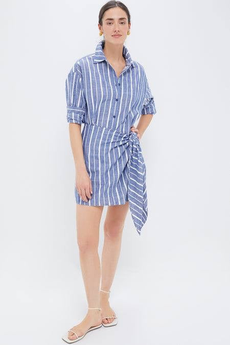 AA Alessandra Striped Chambray Sarong Cotton Mini Dress Shirtdress
