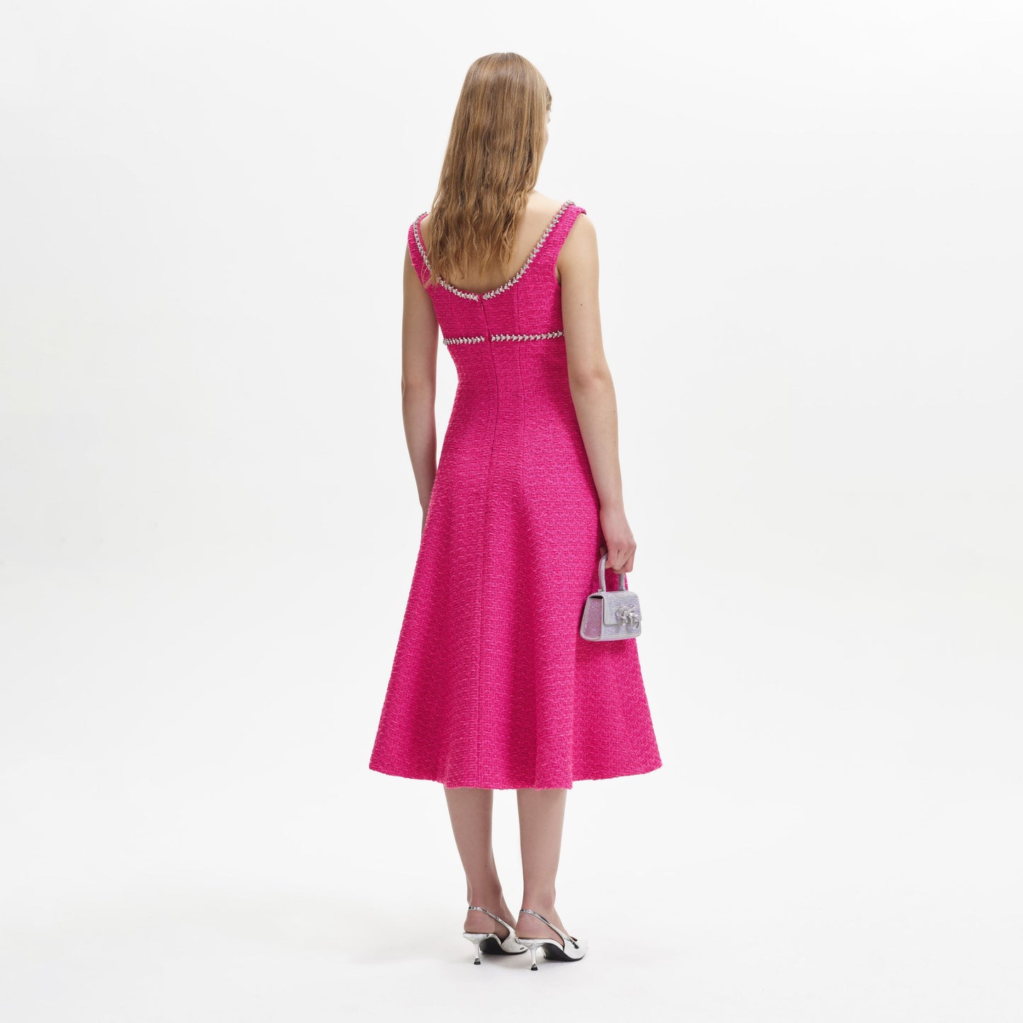 SP Fuchsia Boucle Midi Dress | Crystal Embellished Pink Tweed