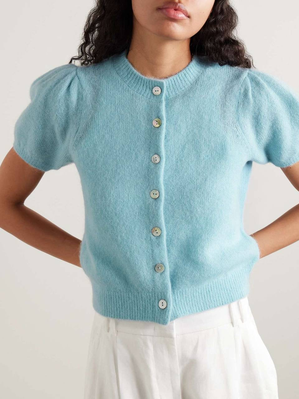 6 Colors! DN Anisa Alpaca-Wool Blend Short-Sleeved Cardigan Top