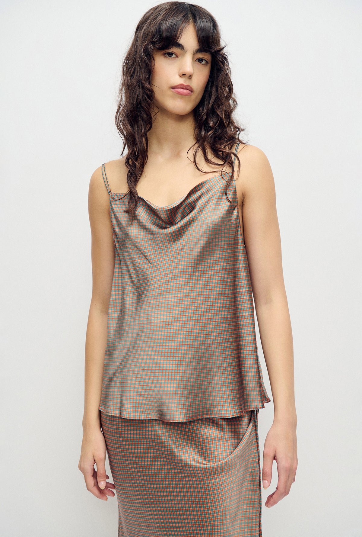 SL Drape Silk Satin Reversible Cami Top in Hammered Black & Micro Plaid