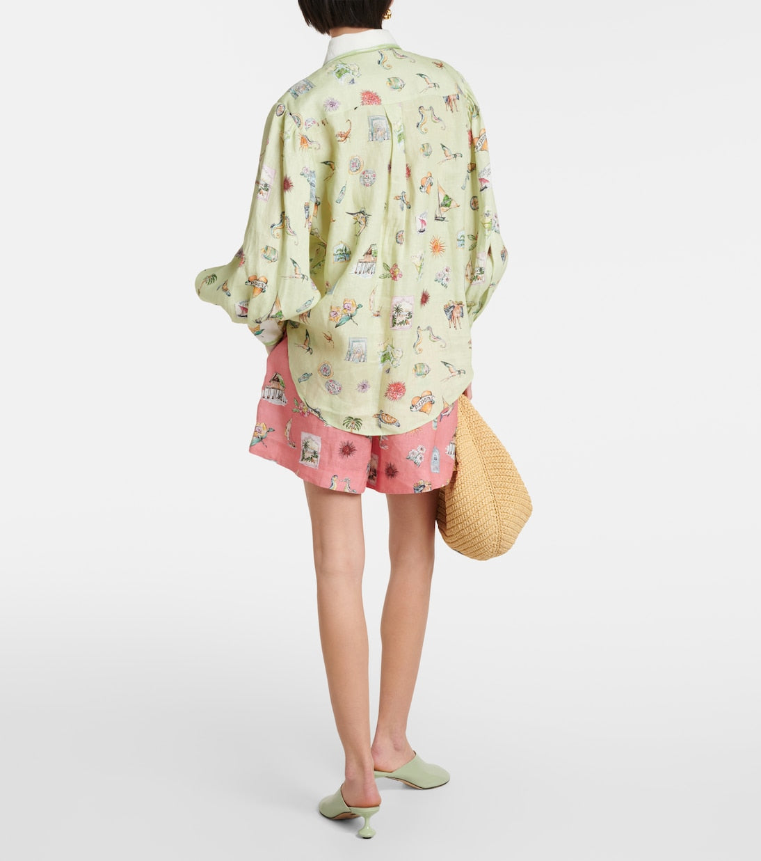 ALM Printed Linen Sea Life Shirt | Shorts | Green & Coral Pink Set