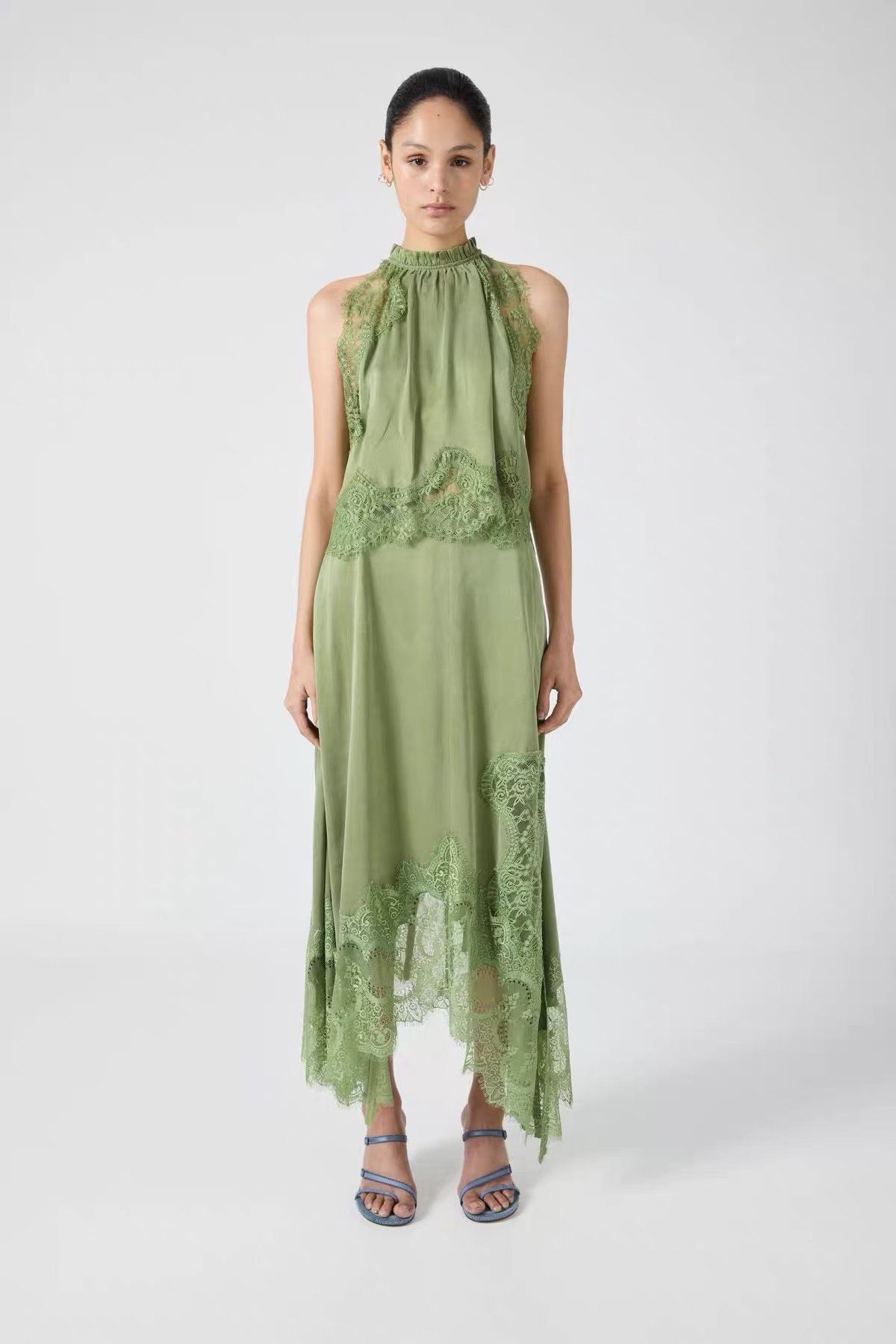 TF Visions Lace Crop Top | Handkerchief Midi Skirt | Cupro-rayon Satin Set