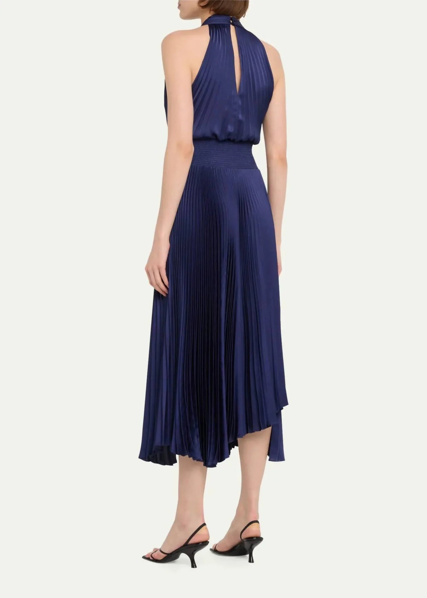 ALC Rose Satin Pleated Midi Dress in Chicory | Riviera