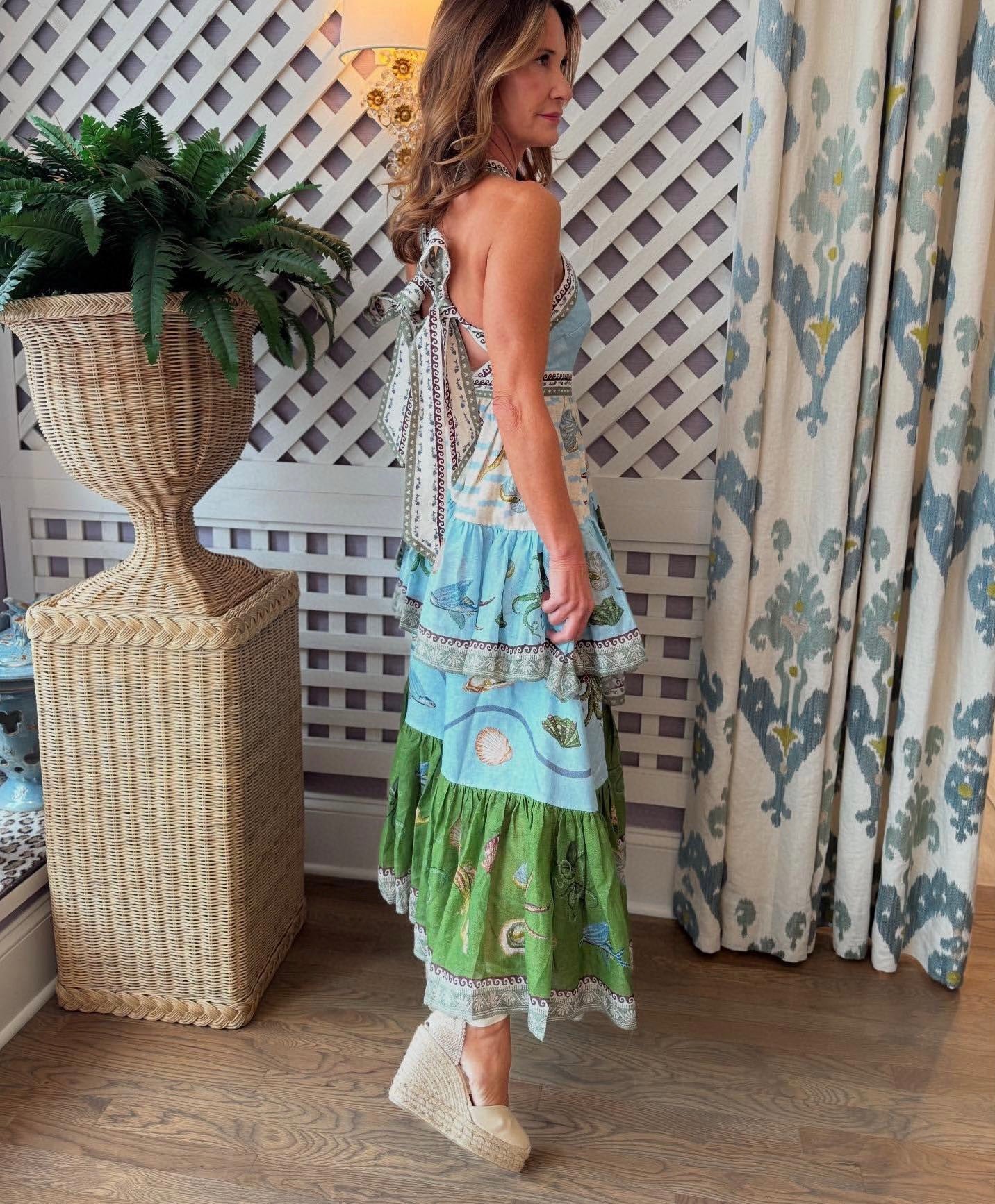 ALM Bath House Tiered Halter Linen Midi Dress