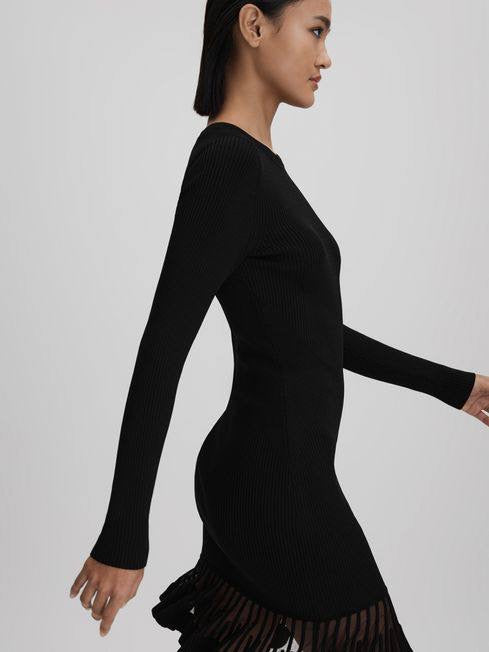 RS Teagan Knitted Sheer Flared Mini Dress Black