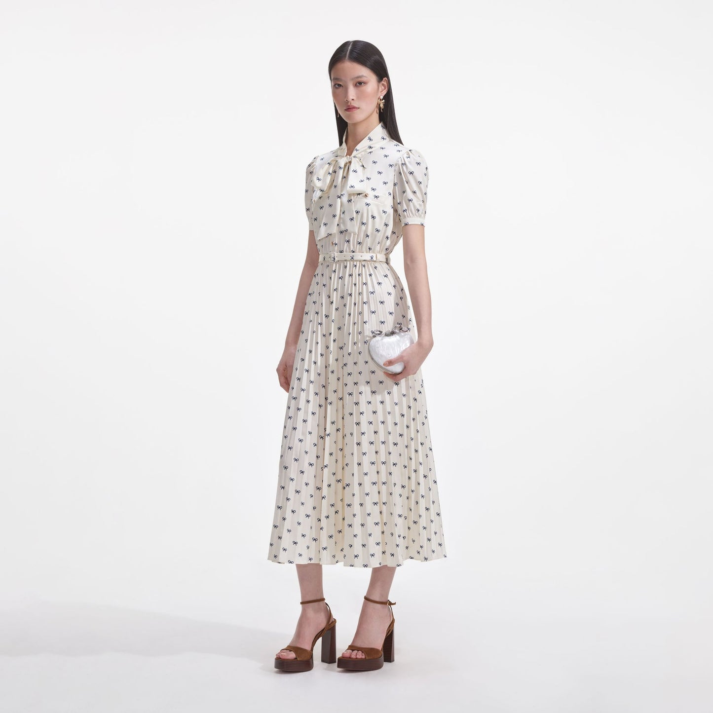 SP Cream Satin Bow Print Midi Dress