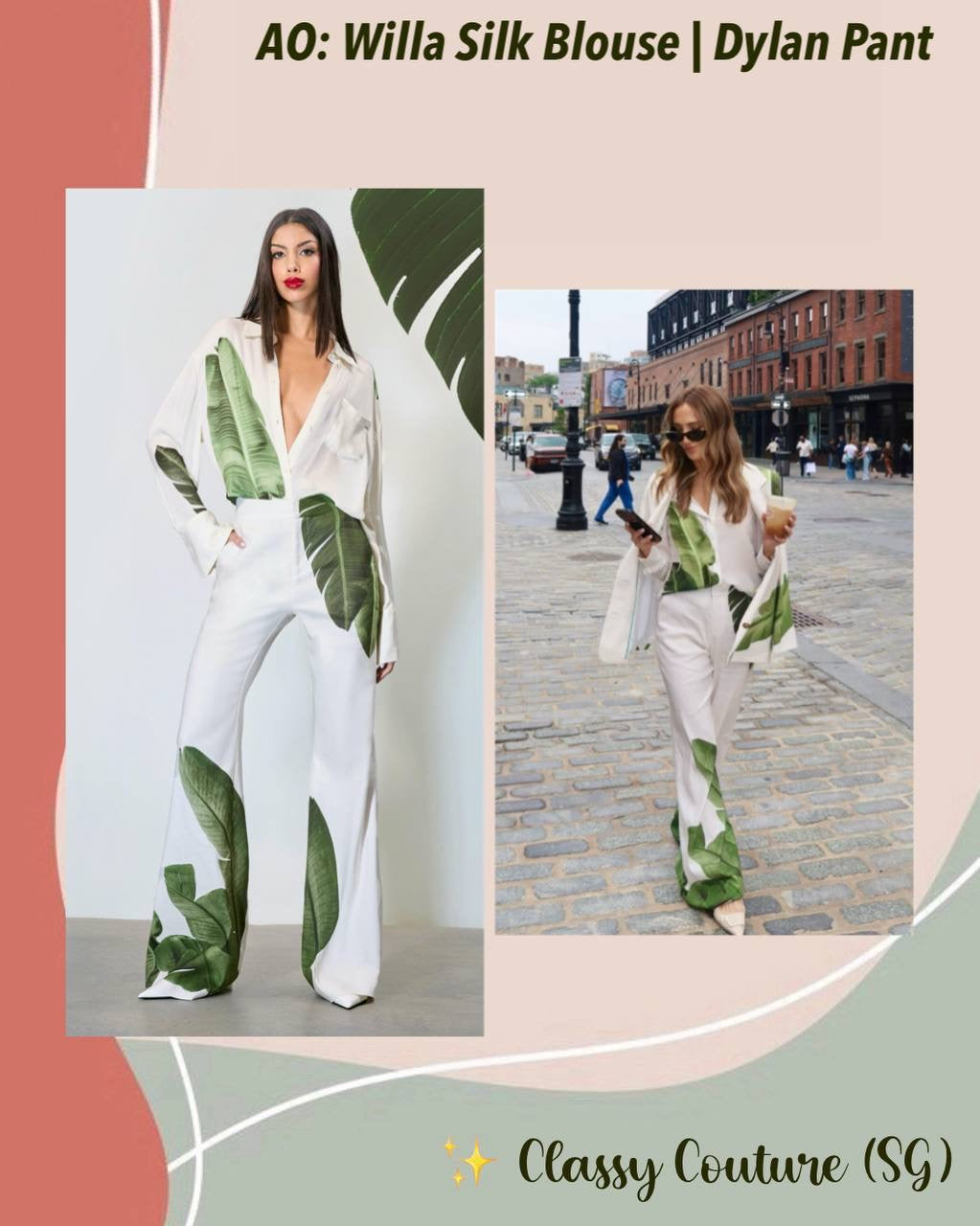 AO Willa Silk Long Sleeve Blouse Shirt in Jungle Palm