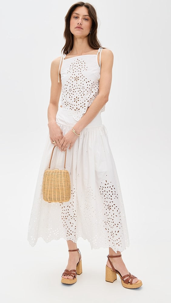 SP White Cotton Embroidered Cami Top | Midi Skirt | Set