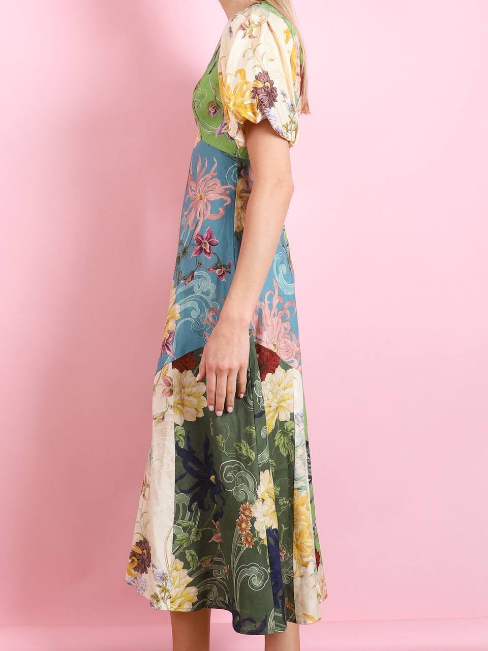 ALM Avery Puff Sleeve Linen Spliced Midi Dress