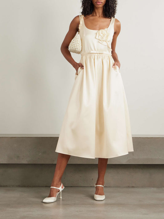 SP Cream 3D Flower Satin Midi Dress