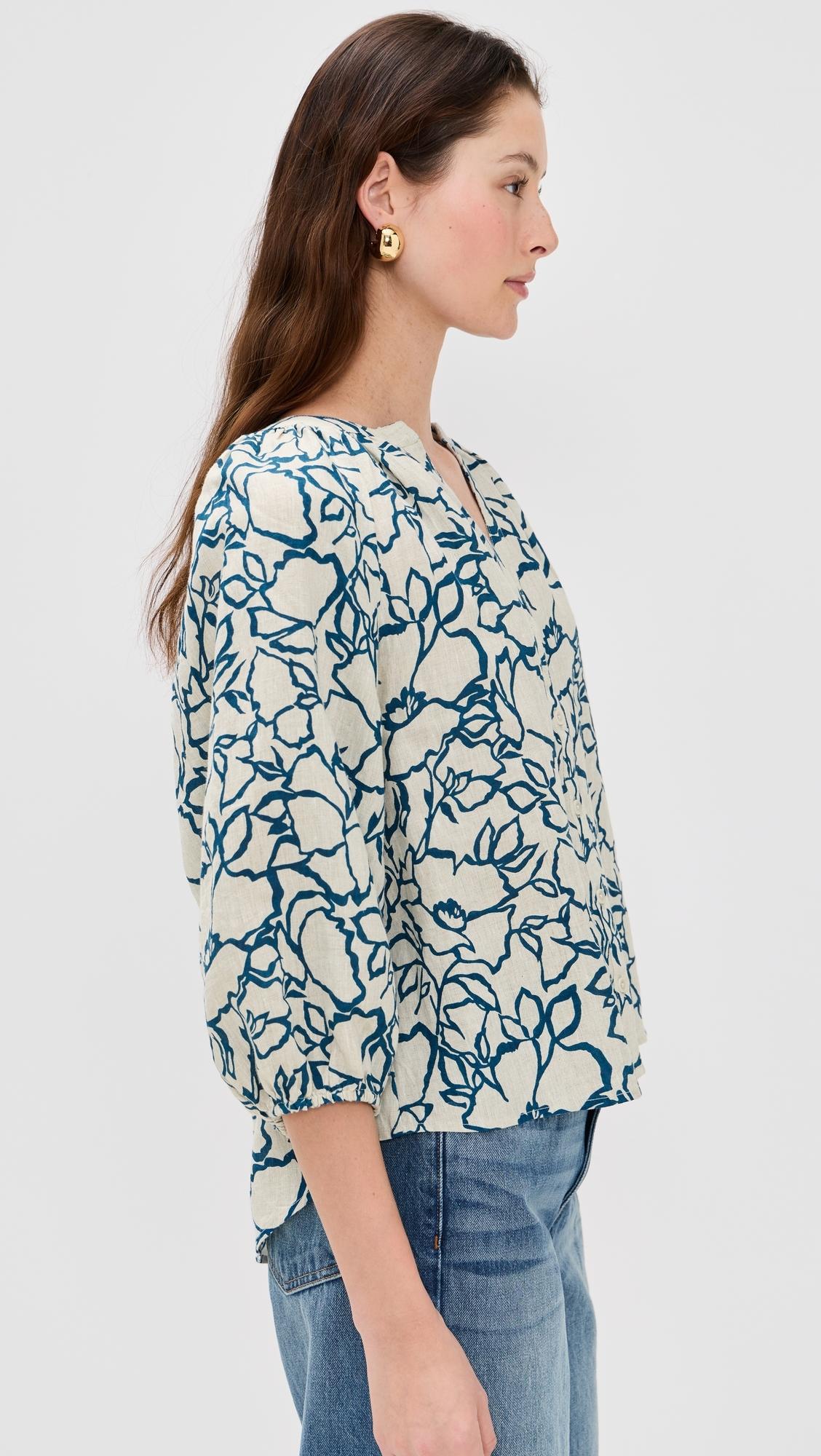 AA Mite 3/4 Sleeve Linen Blouse Top in Lace Floral Flax