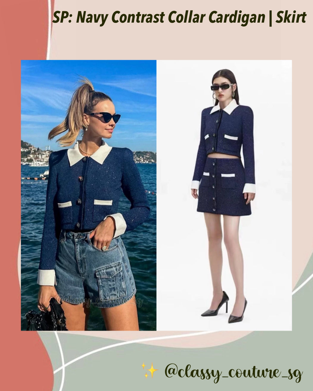 SP Navy Contrast Collar Cardigan | Mini Skirt | Set