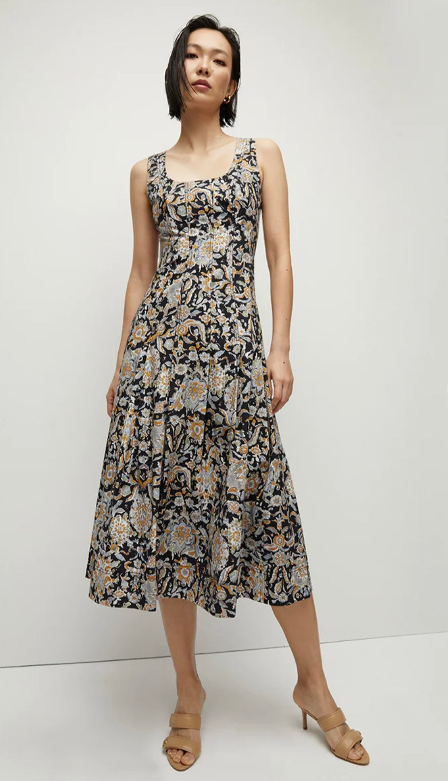VB Jolie Paisley Midi Dress in Black Multi Stretch Cotton