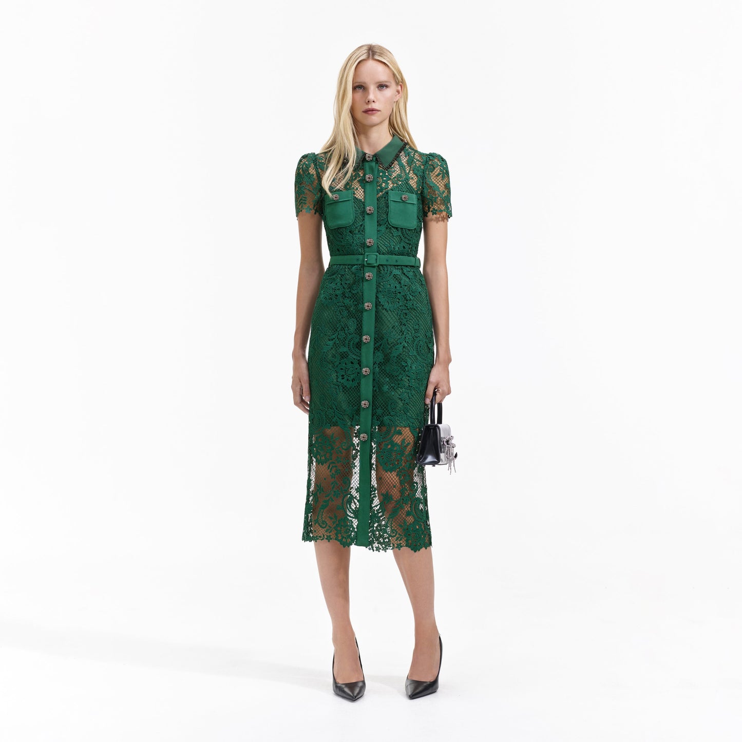 SP Lace Button Front Midi Dress in Black | White | Green