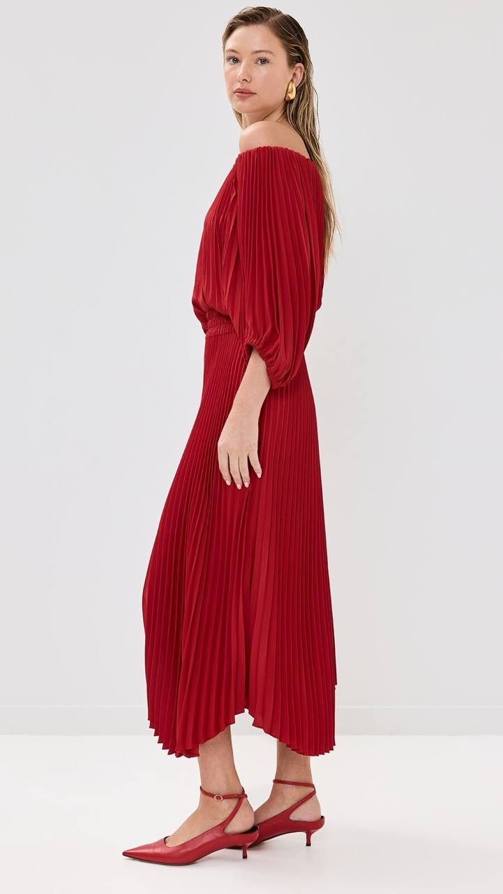 ALC Sienna Satin Pleated Off-Shoulder Midi Dress