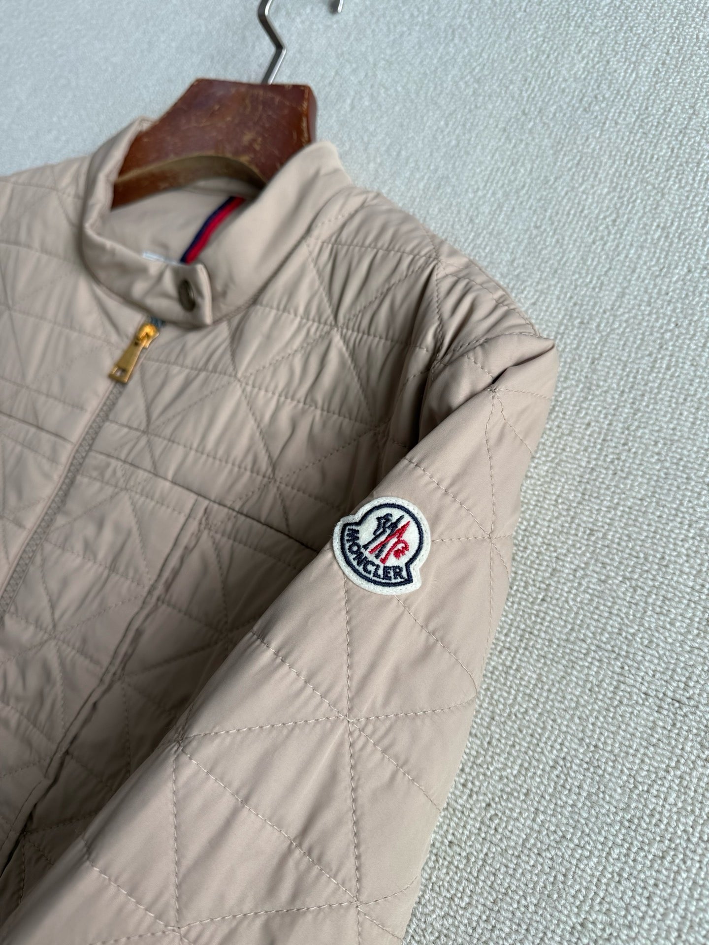 MC Craon Square-Quilted Short Padded Jacket in Peach Pink