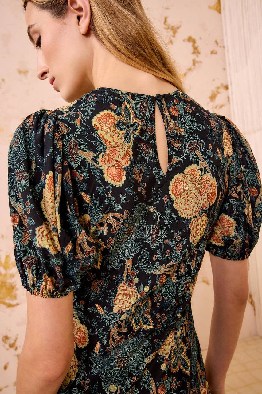 UJ Ines Puff Sleeve Silk Midi Dress