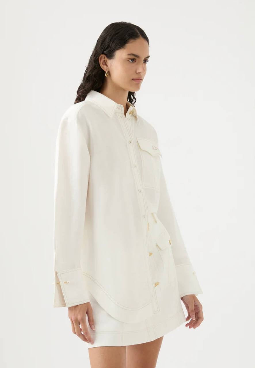 AJ Satori Pearl Pin Shirt | Long Sleeve Linen-blend Top