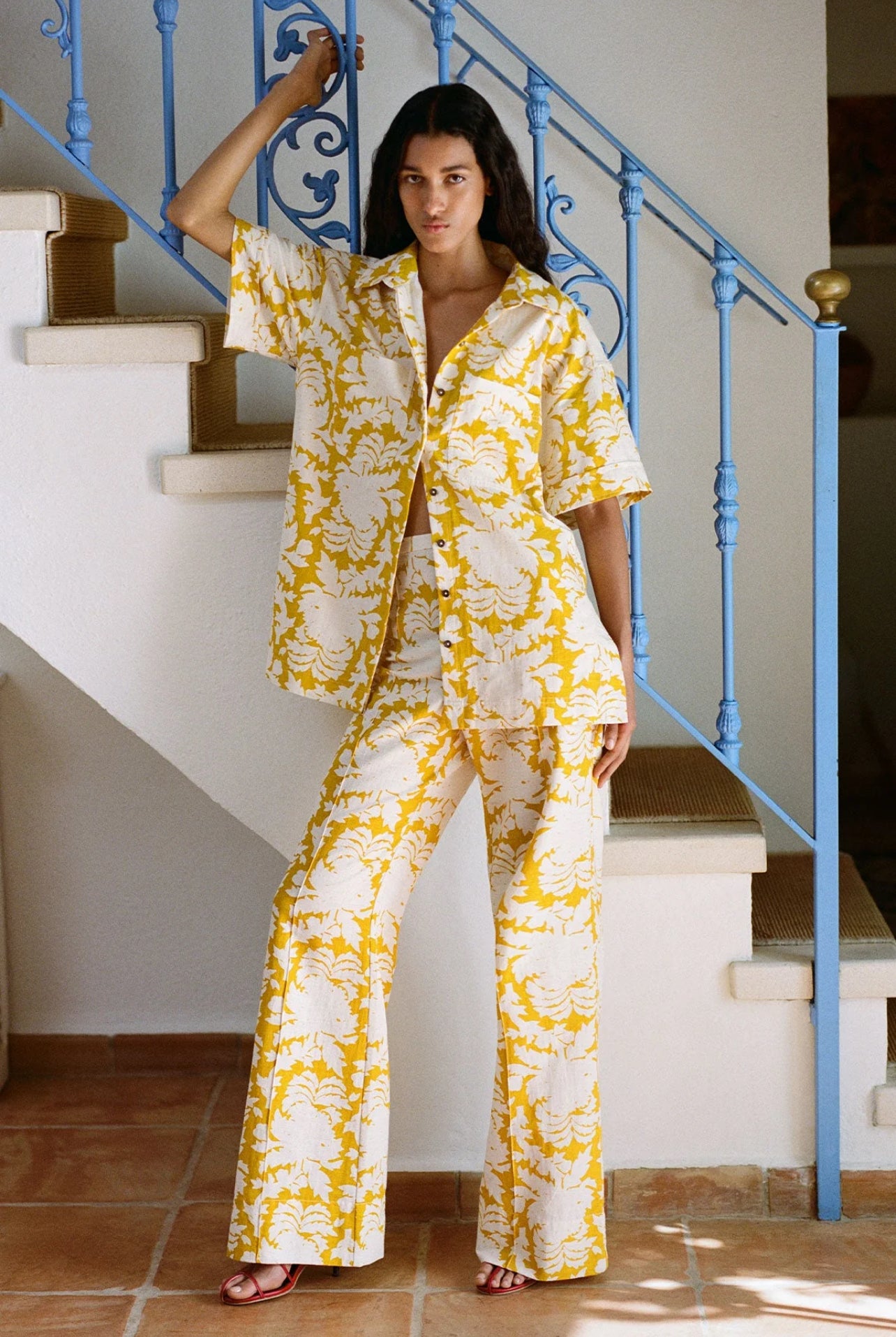 SJ Dulce Short Sleeve Relaxed Shirt | Pintuck Flared Pant | Cotton-Linen Set