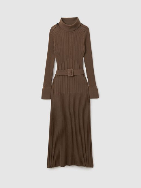 RS Vinette Ribbed Funnel Neck Belted Midi Dress