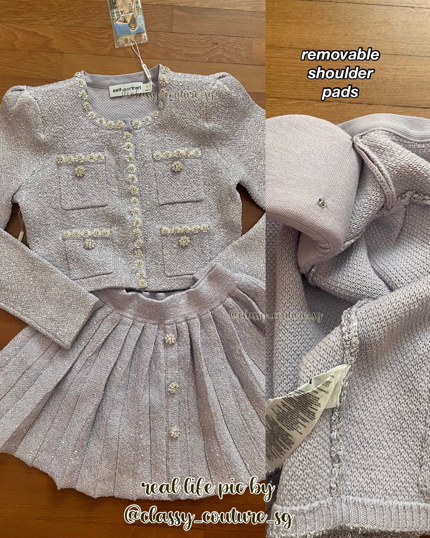 SP Lilac Sequin Knit Cardigan | Pleated Knit Skirt | cropped mini Set