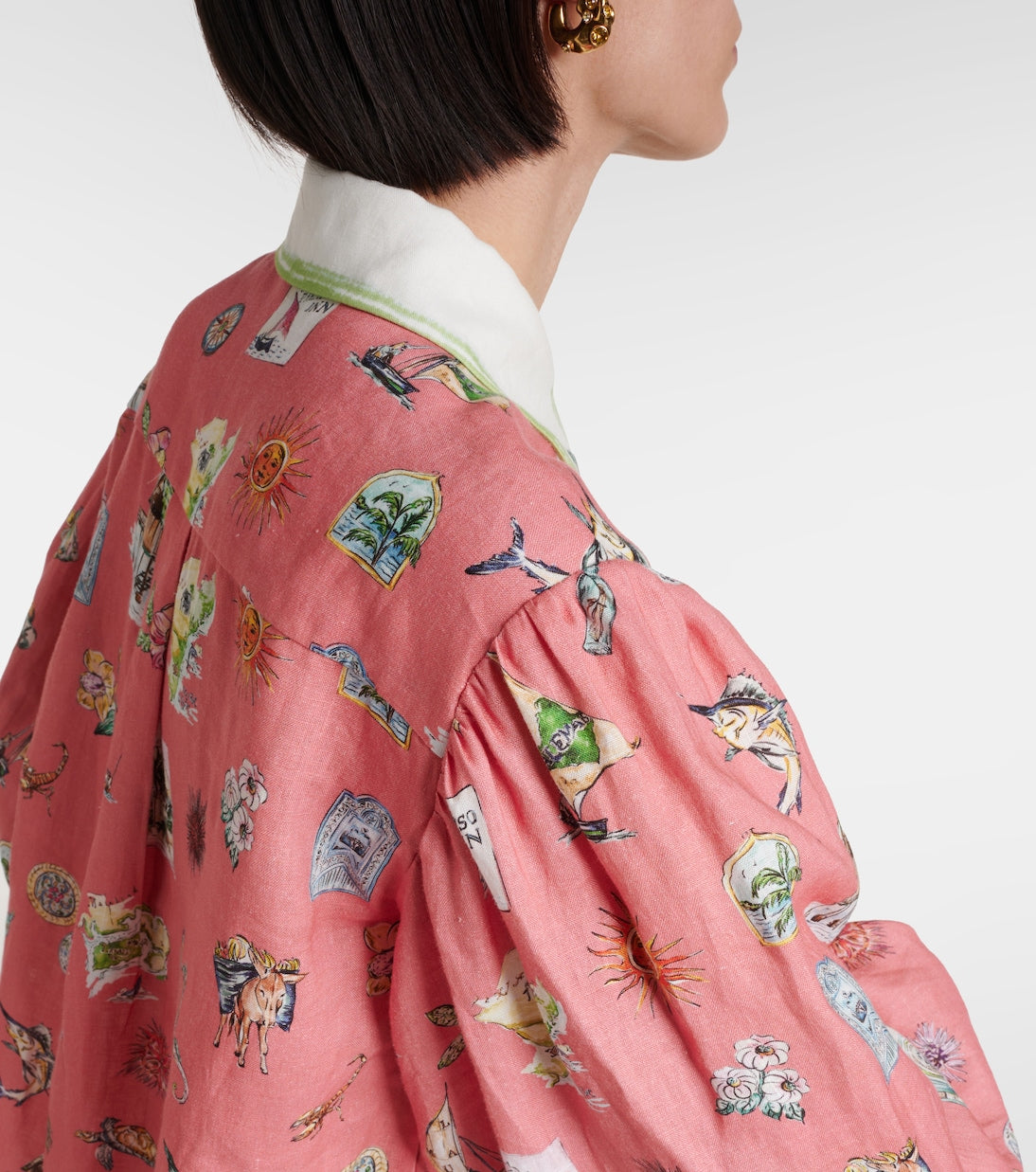 ALM Printed Linen Sea Life Shirt | Shorts | Green & Coral Pink Set