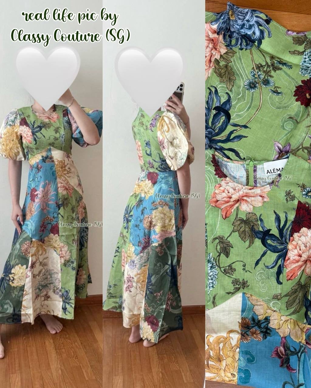 ALM Avery Puff Sleeve Linen Spliced Midi Dress