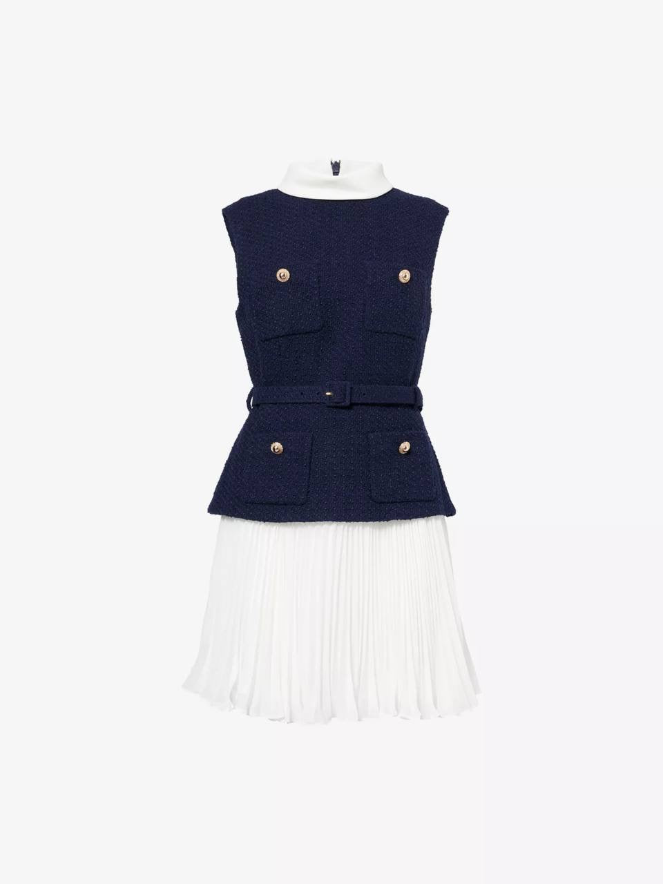 SP Navy Boucle & Chiffon Pleated Sleeveless Woven Mini Dress