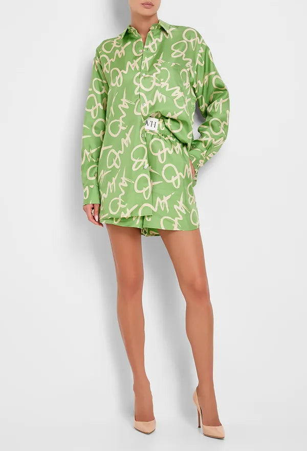 OVH Kick Print Green Signature Silk Twill Pyjamas Shirt Shorts Set