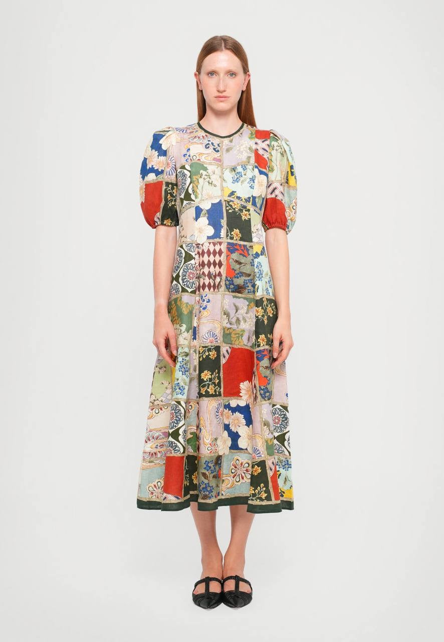 ALM Bianca Puff Sleeve Linen Midi Dress