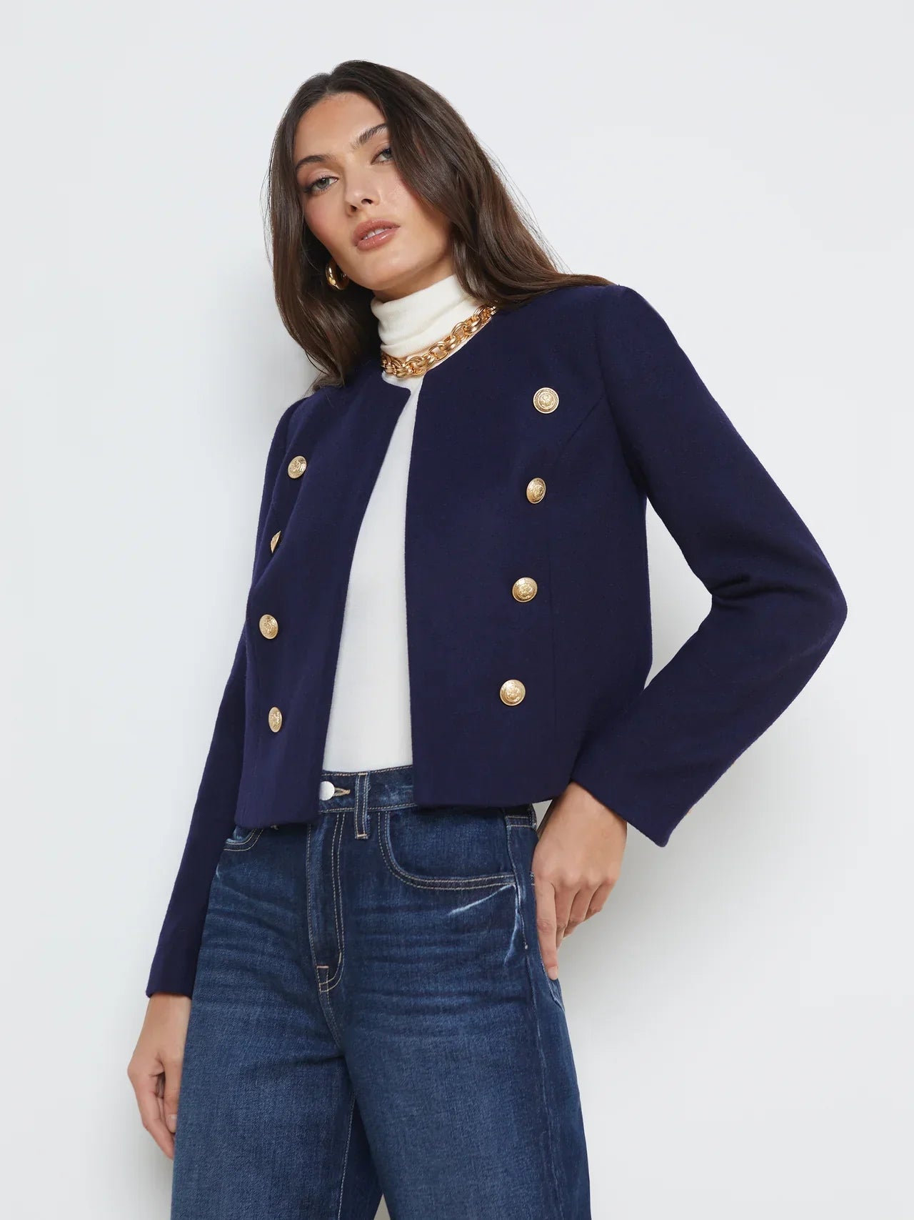 LA True Wool-Blend Collarless Jacket in Midnight