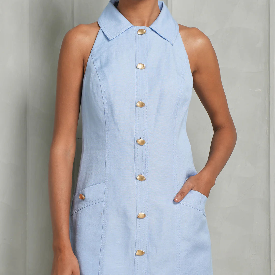 AJ Angela Linen-Rayon Halter Mini Dress