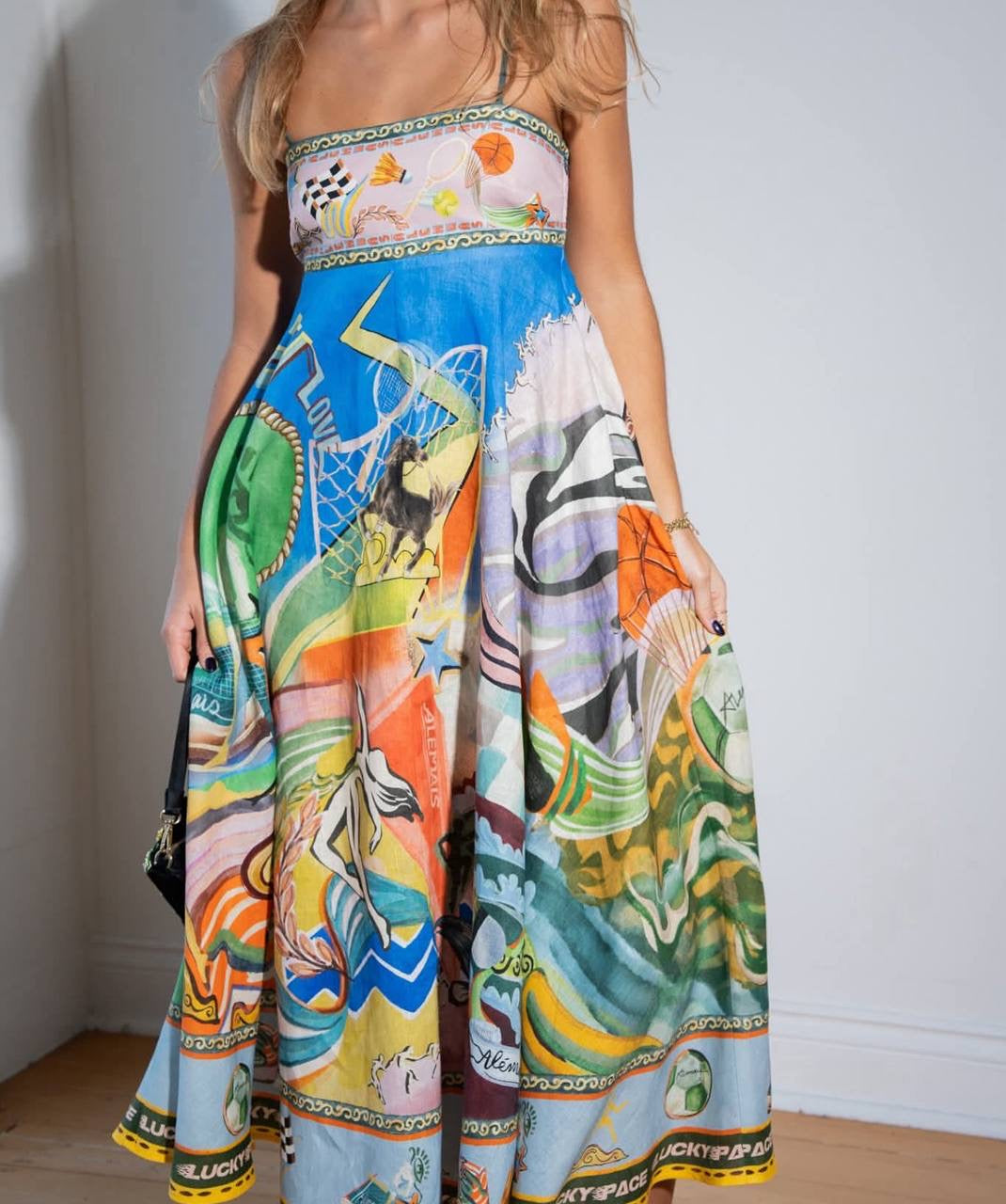 ALM Lucky Pace Printed Linen Midi Dress Sundress