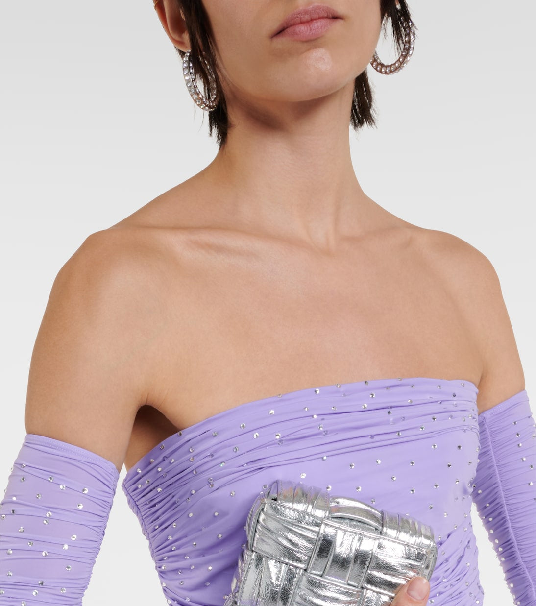 AP Crystal Jersey Strapless Ruched Mini Dress with Gloves