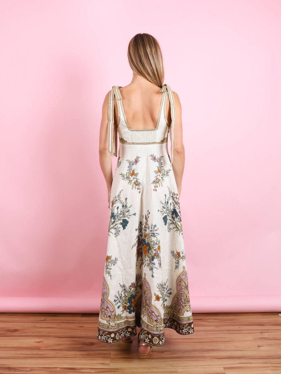 ALM Antoinette Linen Ballet Tie Shoulder Maxi Dress Sundress