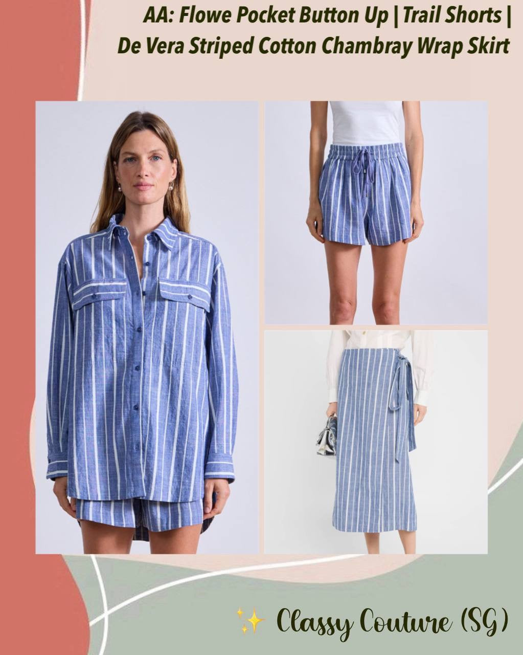 AA Flowe Pocket Button Up Shirt | Trail Shorts | De Vera Wrap Skirt | Striped Cotton Chambray Blue Set