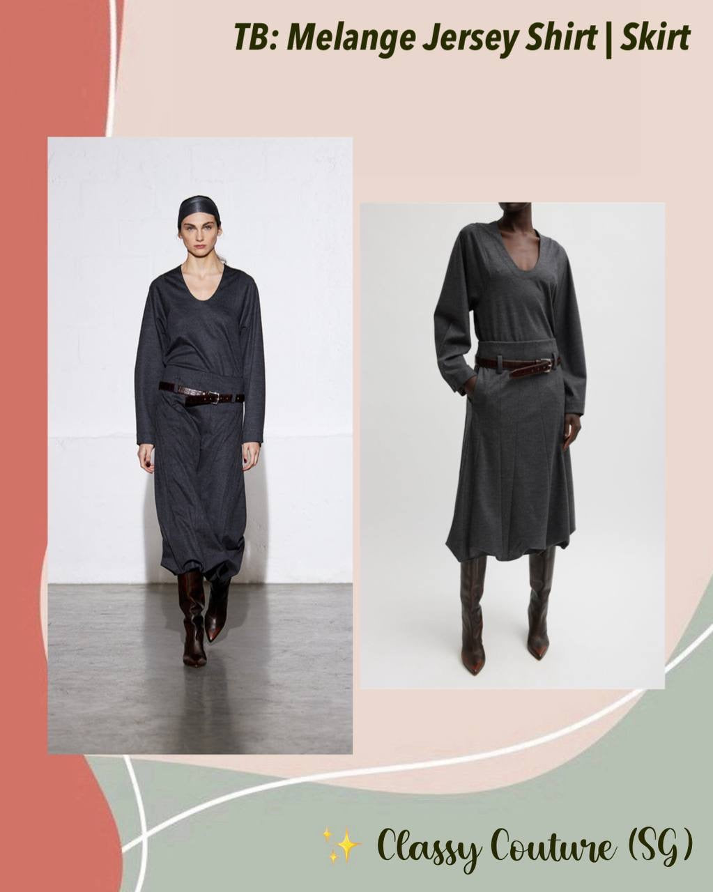 TB Melange Jersey U-Neck Top Sweater | Tucked Panel Midi Skirt | Wool-Blend Set