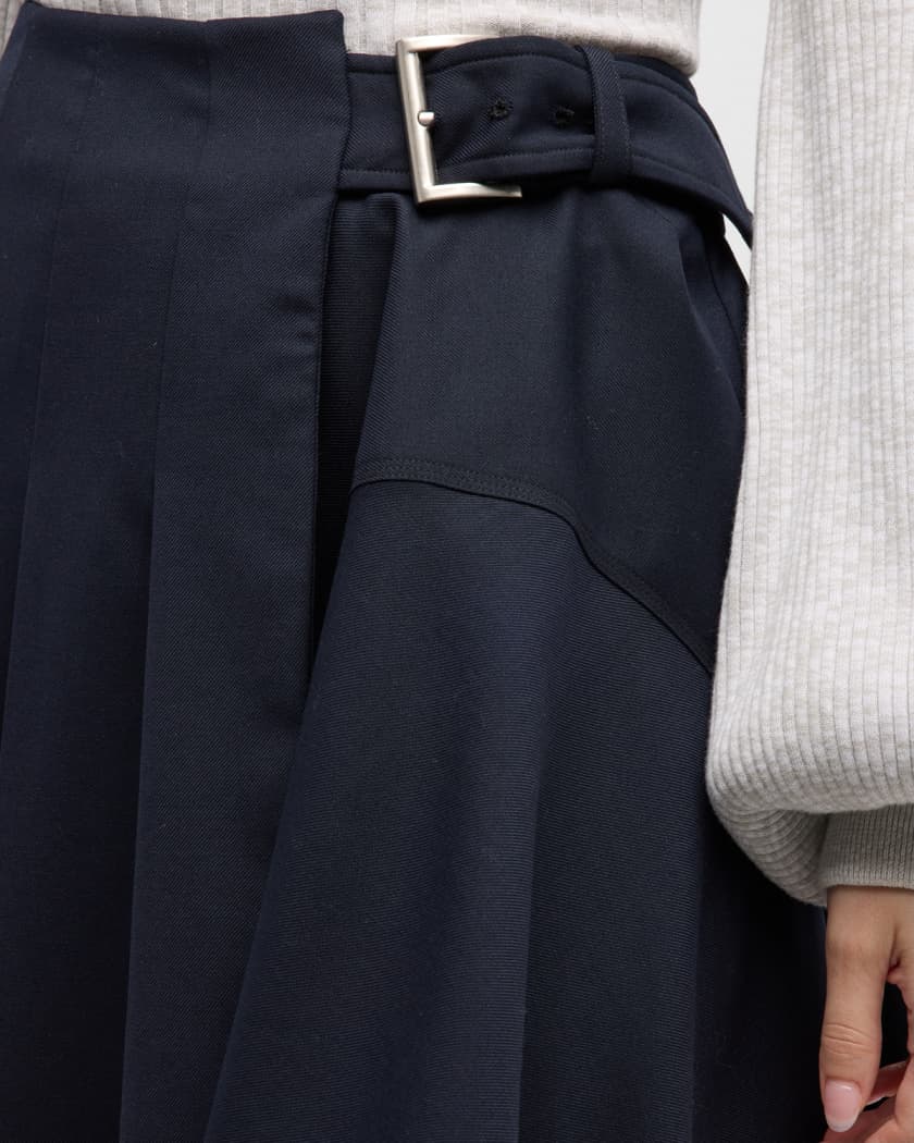 ALC Wayland Belted Wool-Blend Pleated Handkerchief Midi Skirt in Navy Blue