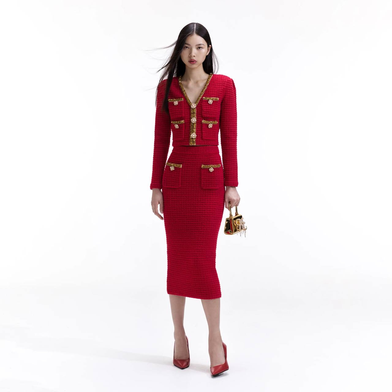SP Red Knit V Neck Cardigan | Midi Skirt | Set