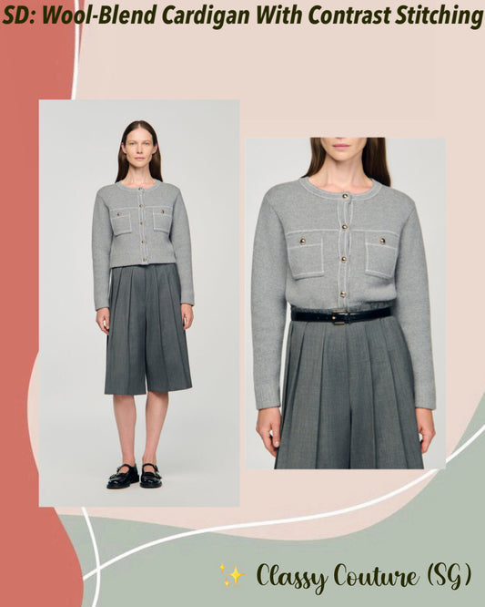 SD Grey Wool-Blend Cardigan With Contrast Stitching