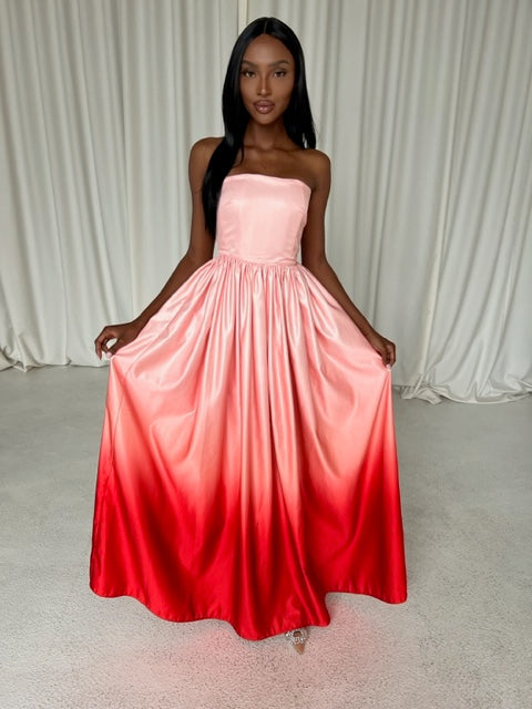 SAU Teigen Blush Red Ombre Strapless Gown Maxi Dress