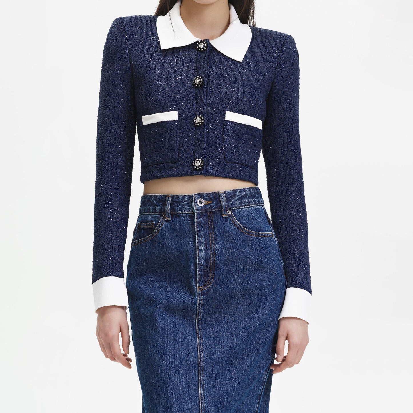 SP Navy Contrast Collar Cardigan | Mini Skirt | Set