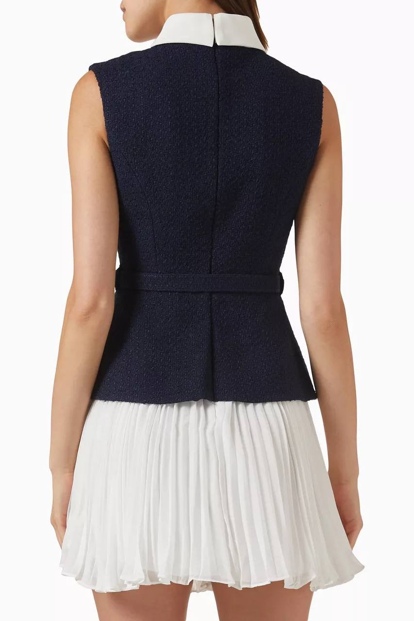 SP Navy Boucle & Chiffon Pleated Sleeveless Woven Mini Dress