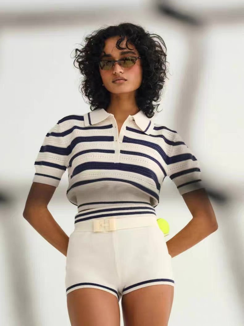 FLL Simona Pointelle Striped Polo Shirt | Shorts | Set