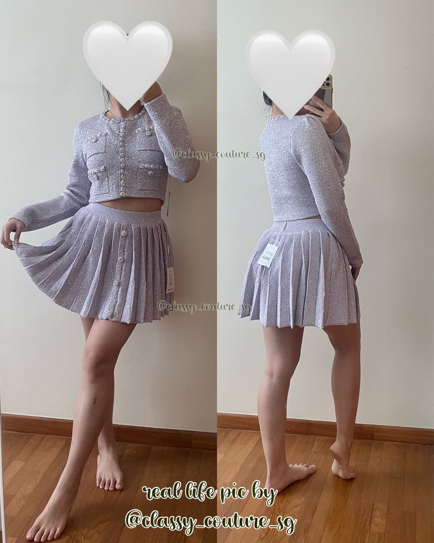 SP Lilac Sequin Knit Cardigan | Pleated Knit Skirt | cropped mini Set