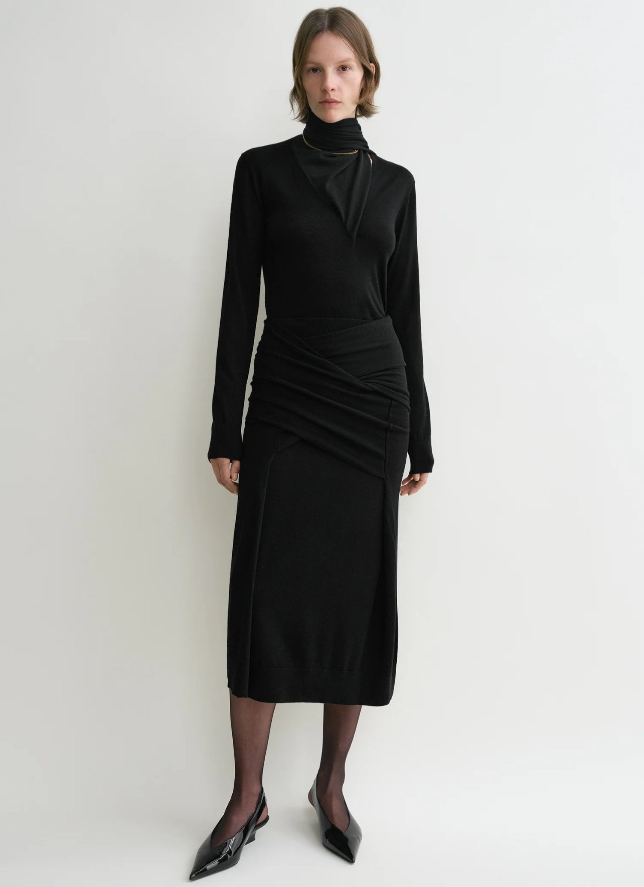 Tot Draped Scarf Fine Knit Top | Midi Skirt | Wool-Silk Set